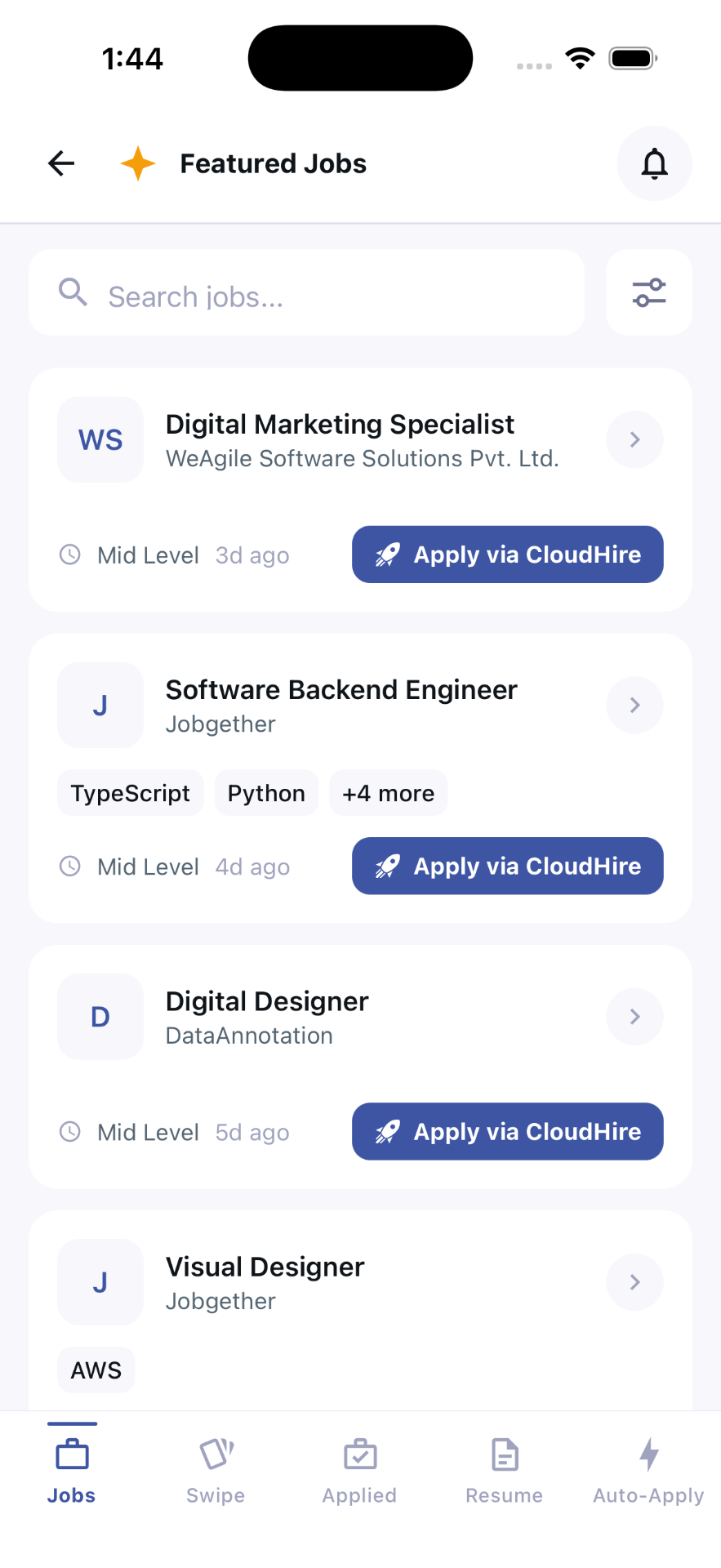 CloudHire app showing featured jobs with one-tap apply
